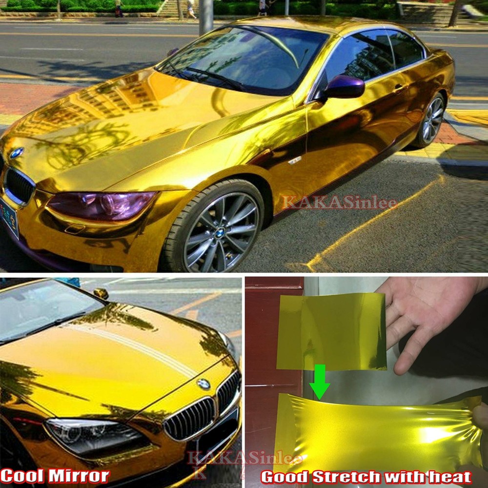 50FT Entire Car Wrap Flat Gold Flexible Mirror Chrome Metal Vinyl PVC Sticker US