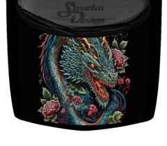 Intricate Cyan Scary Floral Dragon Scaly Hood Wrap Vinyl Graphic Decal 58″ x 65″
