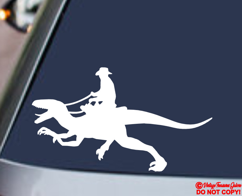 COWBOY RIDING RAPTOR DINOSAUR Vinyl Decal Sticker Car Window Bumper VELOCIRAPTOR