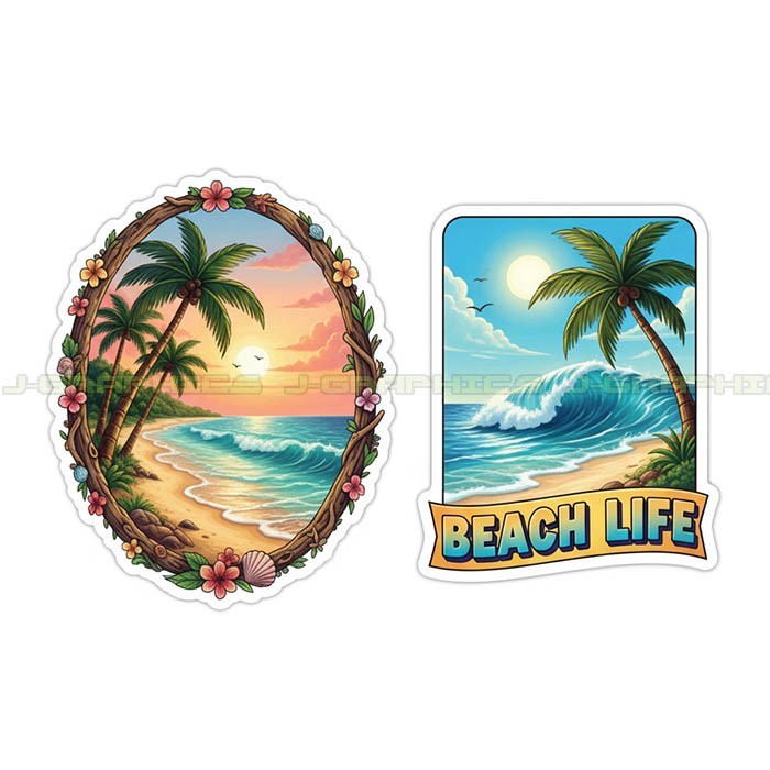 Beach Sun Palm Trees Vinyl Decal Sticker Ocean Waves 2 Pack H