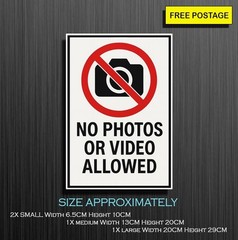 No Photos or Video Allowed Sign, Self adhesive waterproof vinyl sticker