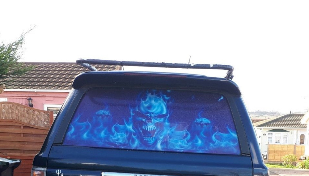 Car Sticker Decal Wrap Back Flaming Skull Vinyl Rear Window Graphic Tint Blue