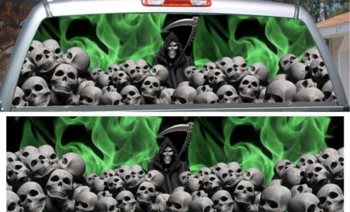 Green flame grim reaper skulls rear window view thru graphic decal wrap
