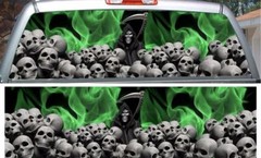 Green flame grim reaper skulls rear window view thru graphic decal wrap