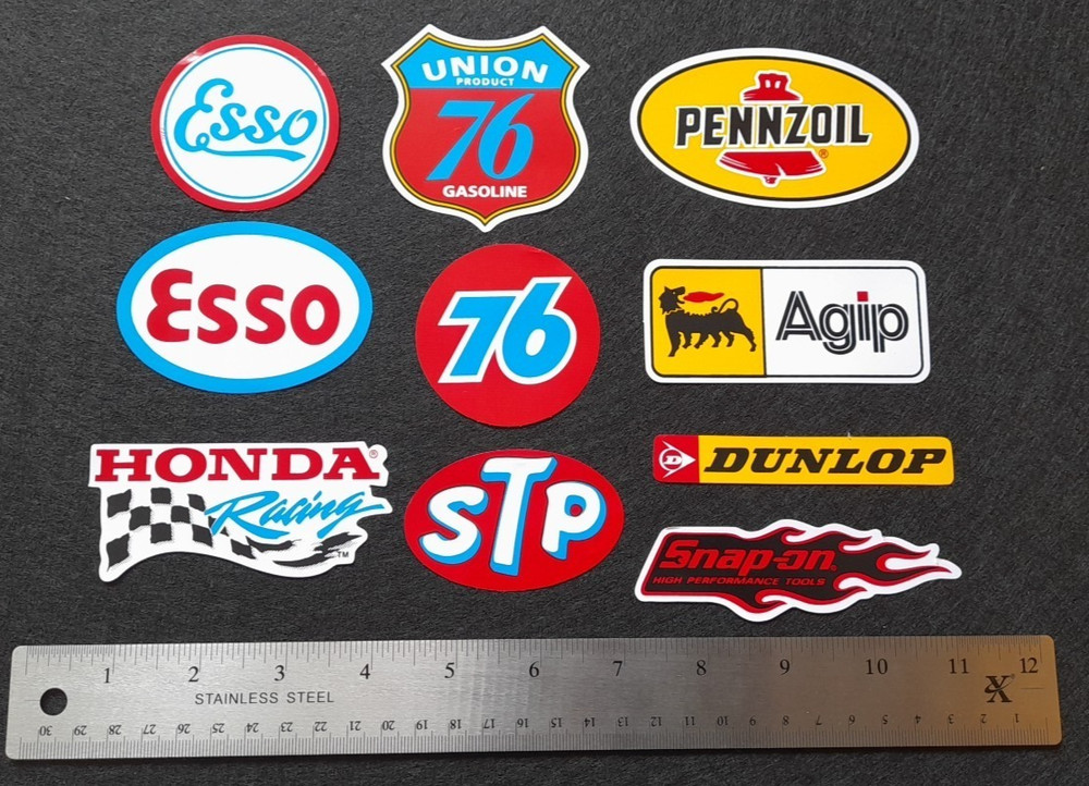 Esso Dunlop Agip Pennzoil snap on STP oil union 76 Honda Racing stickers x 15