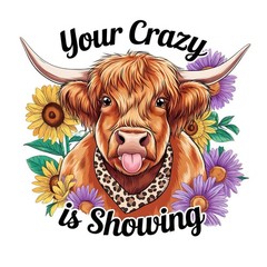 Sarcastic Funny Animal Quotes Sticker (3 Inch) Cow Your Crazy Is Showing Flower!