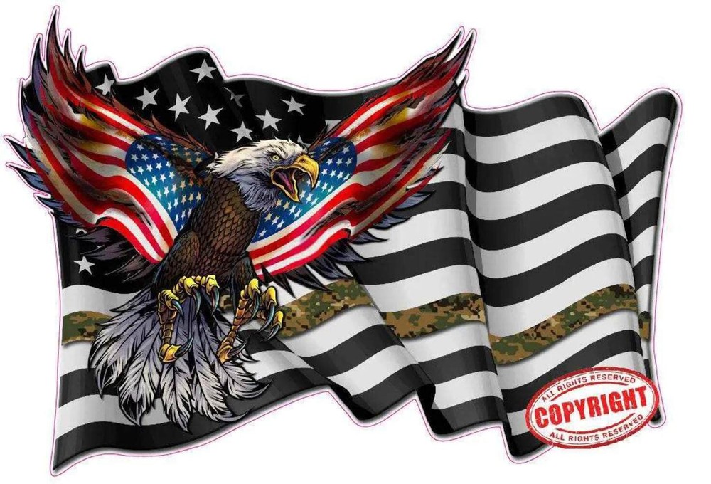 Thin Green Line Military waving American Flag Eagle Decal