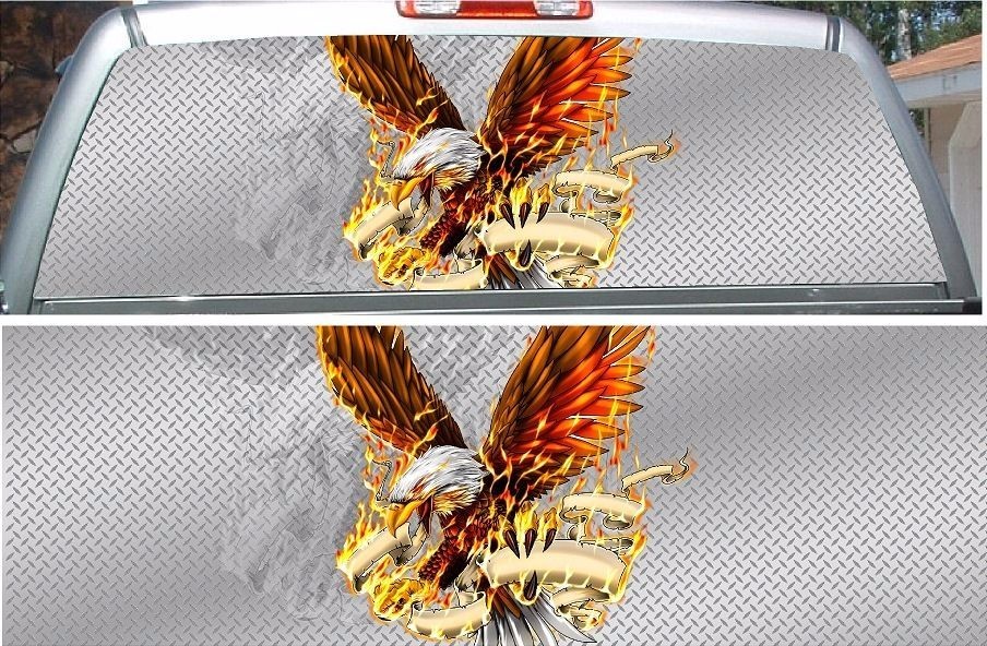 Flaming eagle firefighter rear window view thru graphic decal wrap
