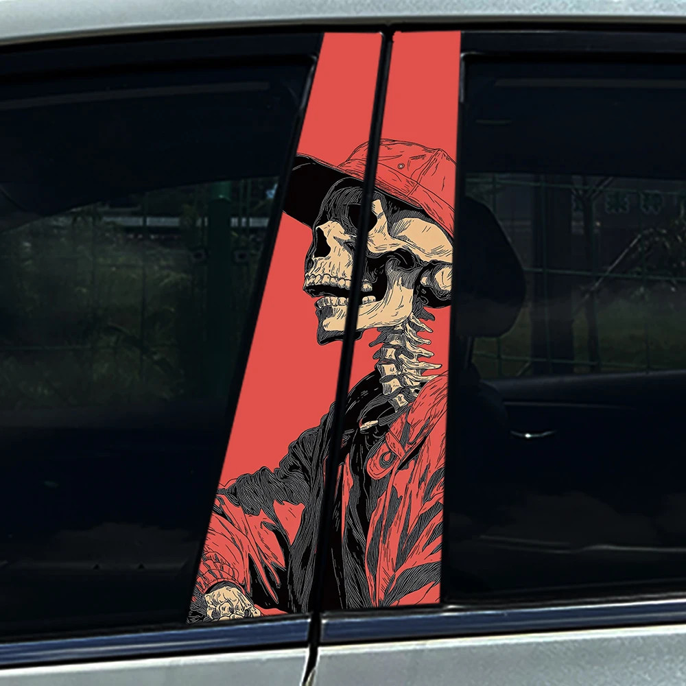 2x Colorful Pink Skull Head Car B Pillar Sticker Center Column Cover Decals