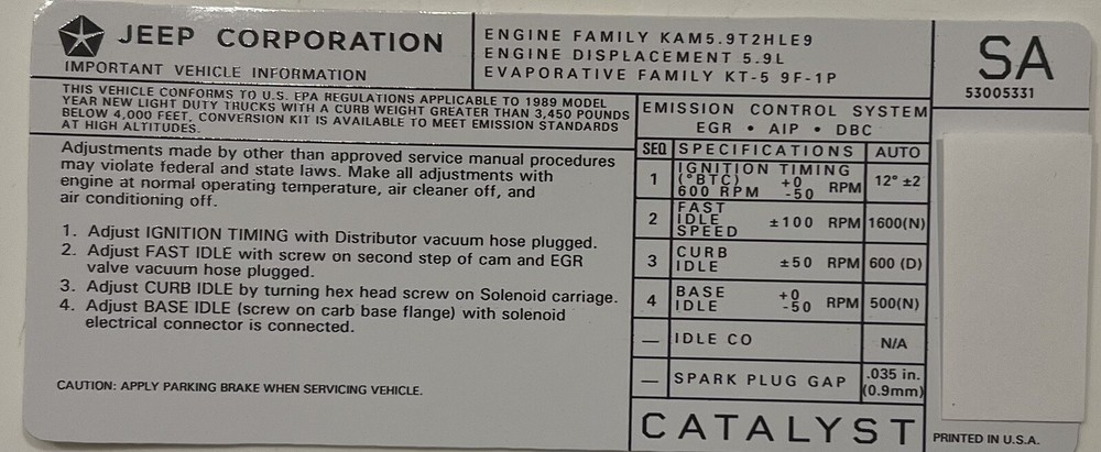 Grand Wagoneer 1989 Emissions Vacuum Decal Reproduction For Jeep