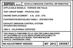 Ferrari Emission Control Information Data Plate Tag Decal Sub. 1999 F355 355 F1