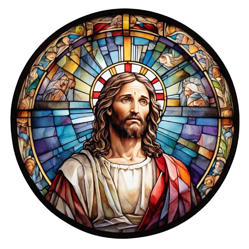Jesus Round Sticker 4″ Colorful Stained Glass Style Vivid Bible Christian Cross