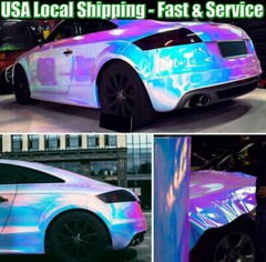 65FT x 4.4FT White Glossy Laser Chrome Holographic Rainbow Car Wrap Film Vinyl