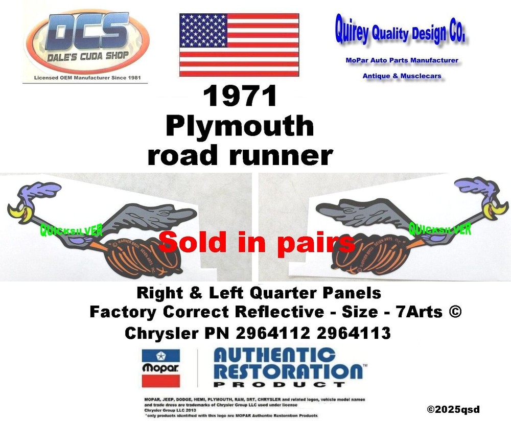 1971 Plymouth Road Runner CORRECT Running Bird Decals 2964112 3 NEW MoPar USA
