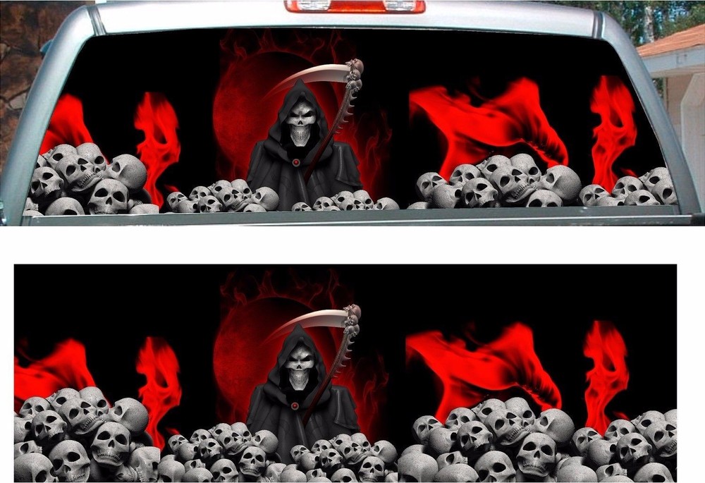 Red flame grim reaper skulls rear window view thru graphic decal wrap