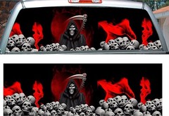 Red flame grim reaper skulls rear window view thru graphic decal wrap