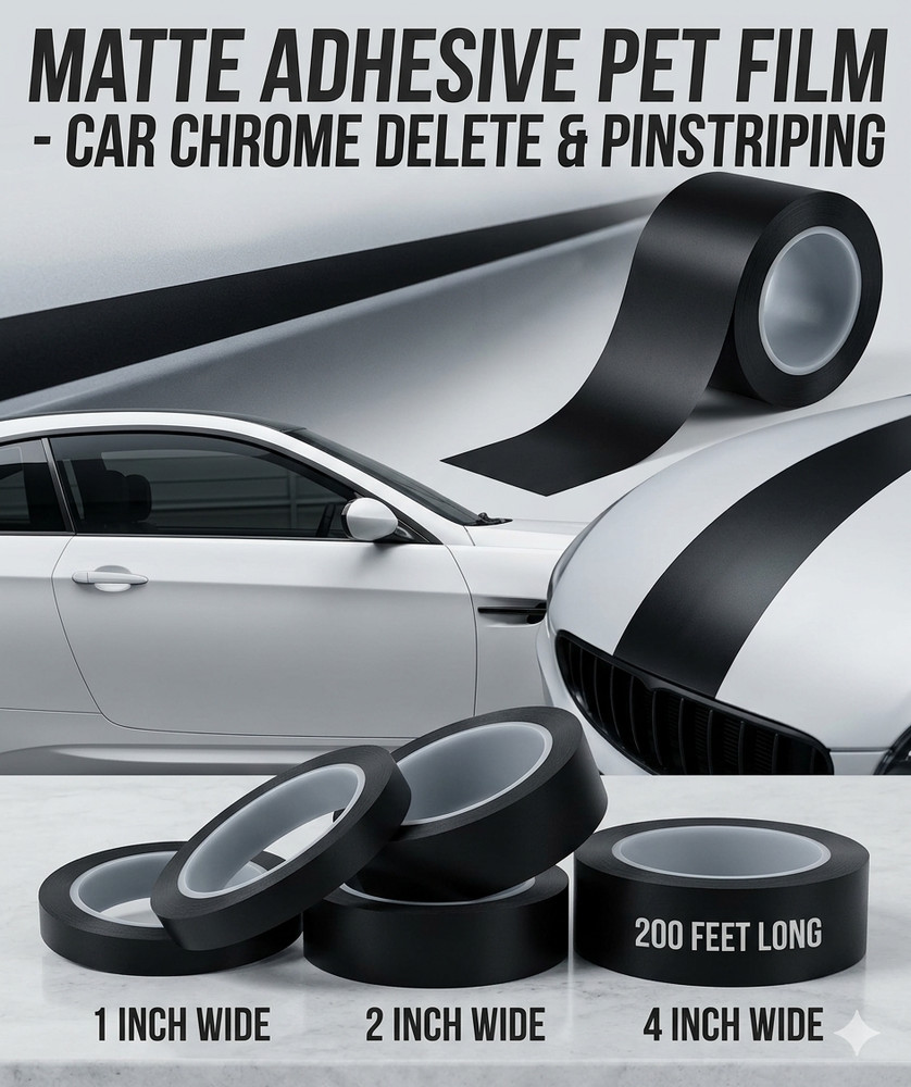 Matte Black 1″ 2″ 4″ Wide PET Chrome Delete Black Out Trim Stripes 200FT Roll