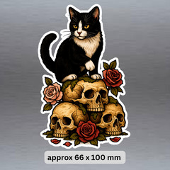 Tuxedo Black and white cat on skulls vinyl sticker decal, waterproof stickers