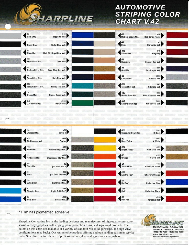 SHARPLINE AUTOMOTIVE VINYL STRIPING DECAL GRAPHIC COLOR CHART