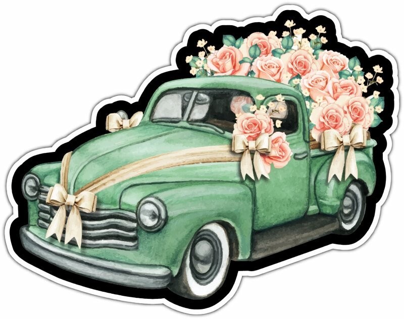 Wedding Pickup With Roses and Jute Bows Car Bumper Window Sticker Decal 5″X4″