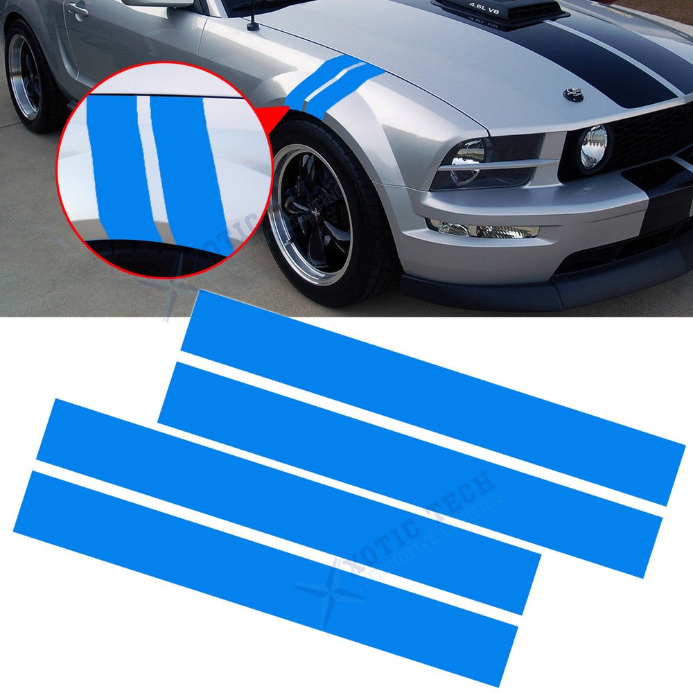 4x Sport Racing Blue Universal Car Hood Fender Stripes Hash Mark Graphics Decal