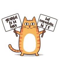 Funny Animal Quotes Sticker (3 Inch) Cat Holding Signs Grateful to Be Here WTF !
