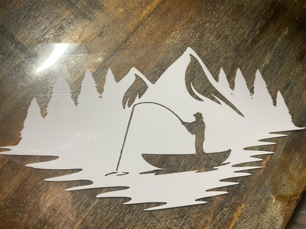 Fisherman Mountains Decal Vinyl Sticker Water Resistant Outdoor Camping RV Canoe