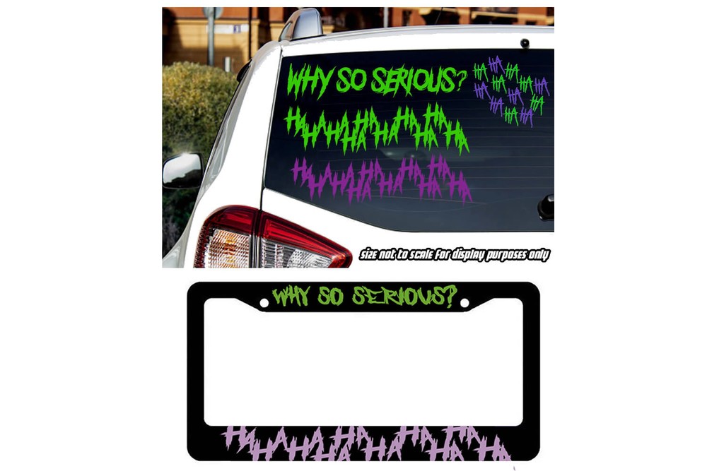 Joker 4 pack Sticker Decals + Haha Why So Serious License Plate Frame Combo