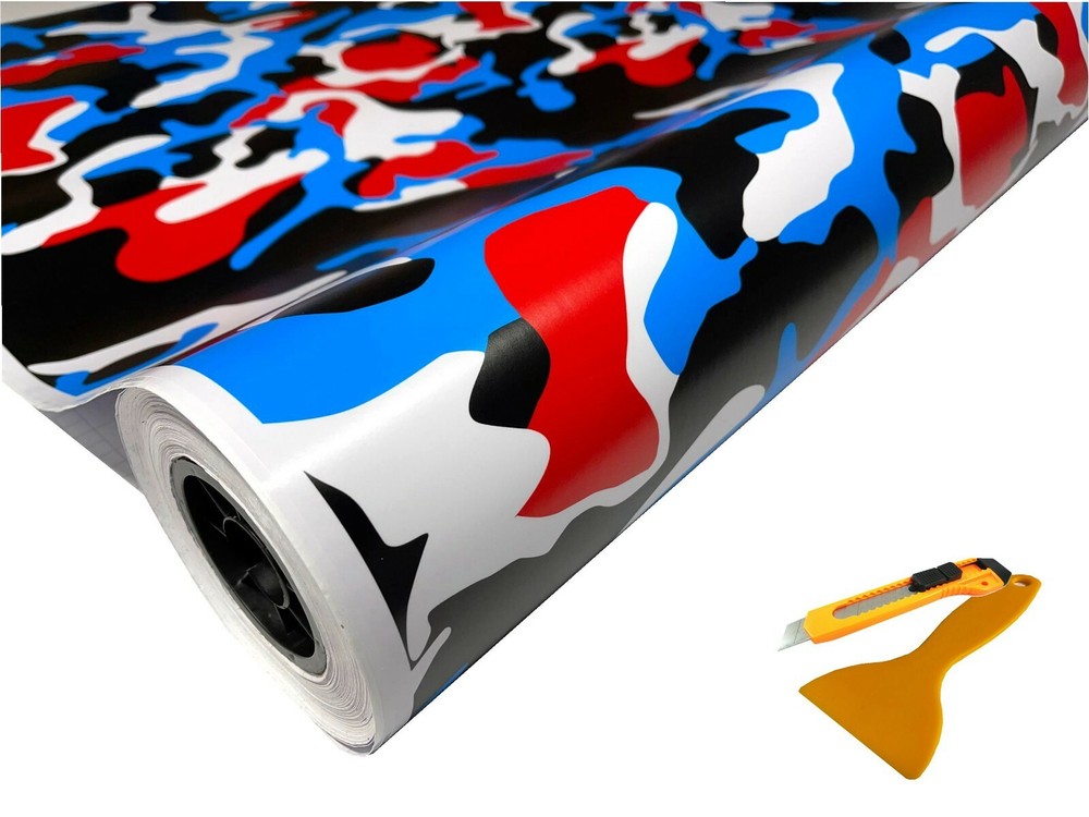 Red Blue White Black Camo Vinyl Car Wrap Film Sheet +Free Tools (2 feet & up )