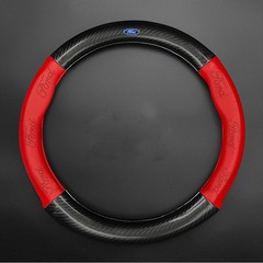 38cm/15″ Red Genuine Leather Car Steering Wheel Cover Carbon Fiber for Ford