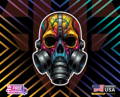 SKULL W GAS MASK COLORFULL, DECAL, 6YR LAMINATED VINYL, LAPTOP CAR (FREE GIFT)