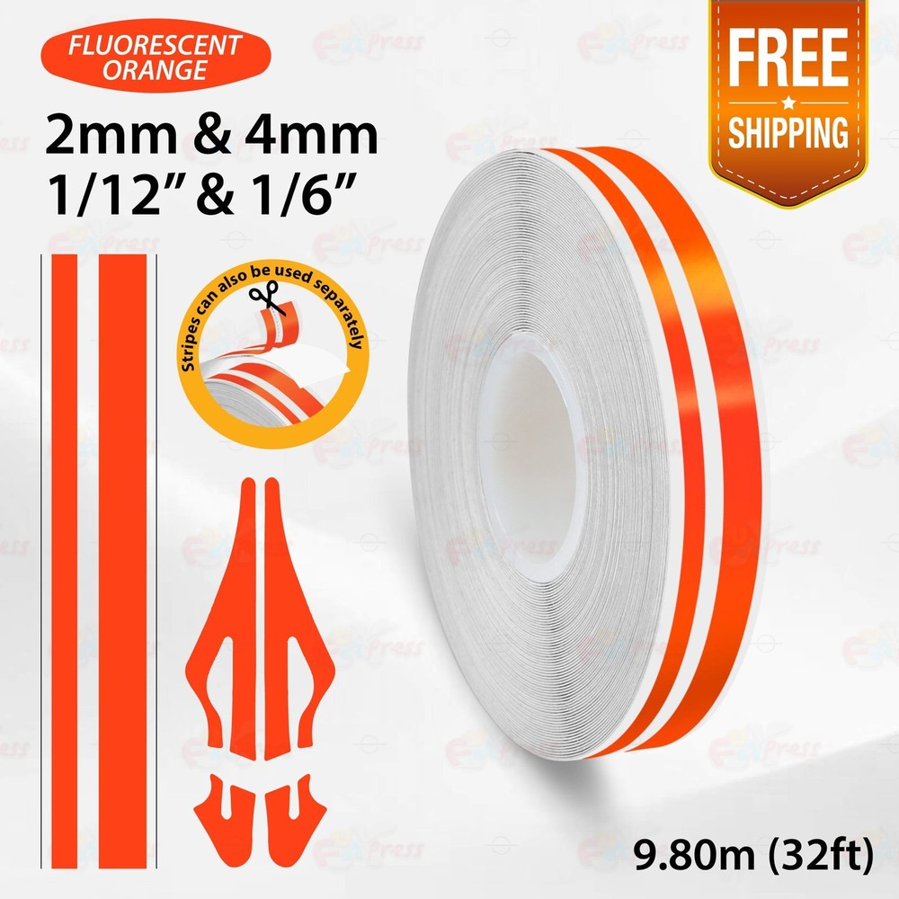 BRIGHT ORANGE 1/2″ 12mm Double Lines STRIPE Streamline TAPE Decal Vinyl Sticker