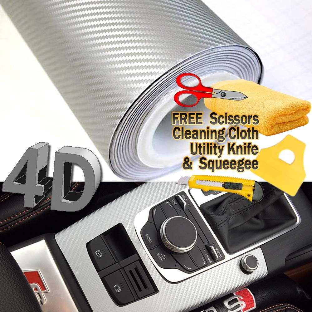 108″ x 60″ Premium Gloss Silver Carbon Fiber 4D Vinyl Film Wrap Air Bubble Free