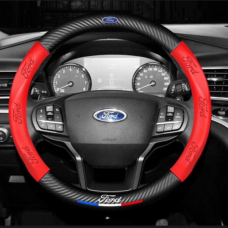 38cm/15″ Car Steering Wheel Cover Carbon Fiber+Genuine Leather for Ford Red