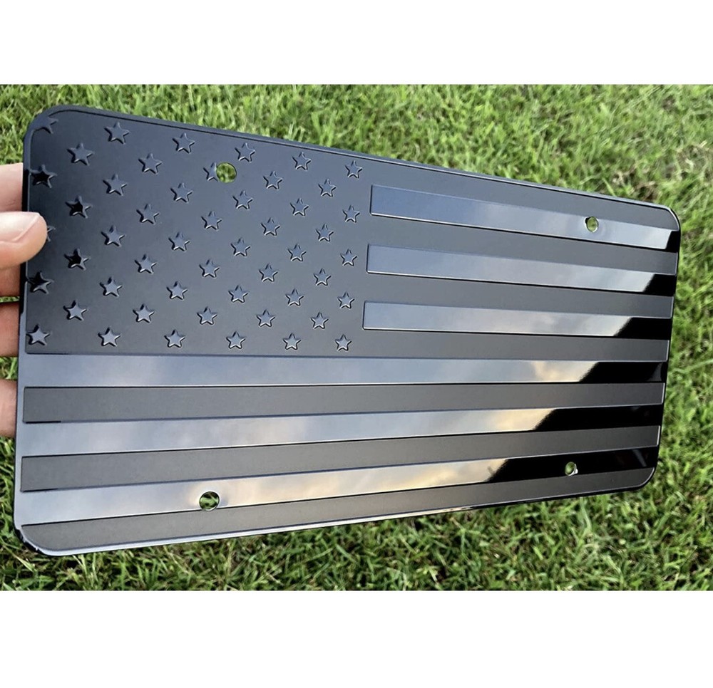Tactical American Flag License Plate Matte Black USA Aluminum With Screws & Caps