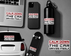 Calm Down The Car Drives Itself Sticker 3.5×1.75 Funny Tesla Car Window EV Decal