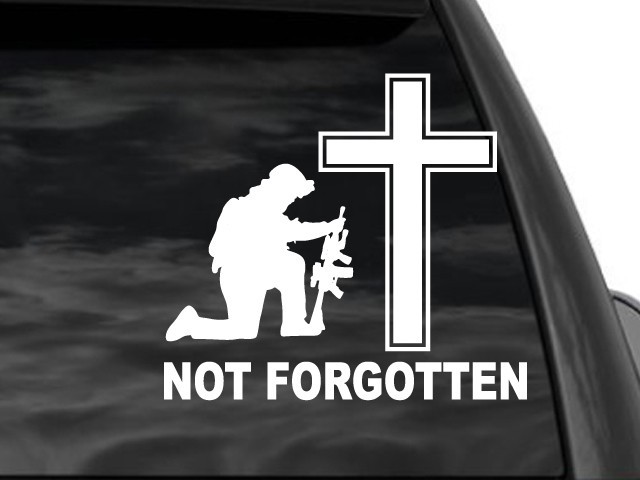 FGD Not Forgotten Kneeling Soldier & Cross White Window Decal 8″ H x 7″ W