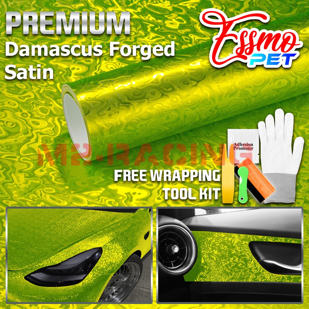 PET Damascus Steel Forged Carbon Fiber Lime Green Car Vinyl Wrap Decal Sticker