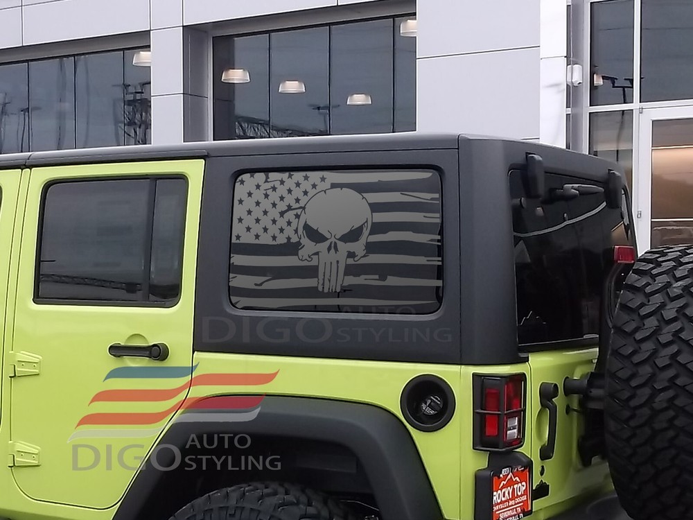 Fits 2011-2018 Wrangler 4 Door Window Distressed American Punisher Flag Decal