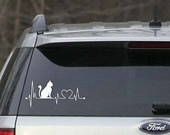 8” white Cat Heartbeat Lifeline Heart Love vinyl Decal Sticker
