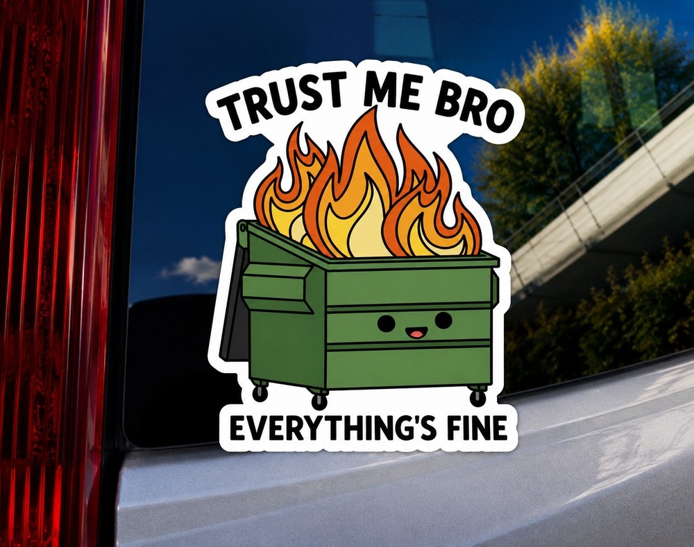Trust Me Bro Everything’s Fine Dumpster Fire Funny Meme Bumper Sticker Decal New