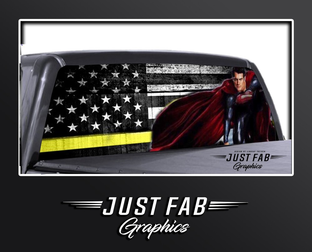 Thin Yellow Line Superhero Rear Window Perf Graphic Decal Tint Coal Truck SUV