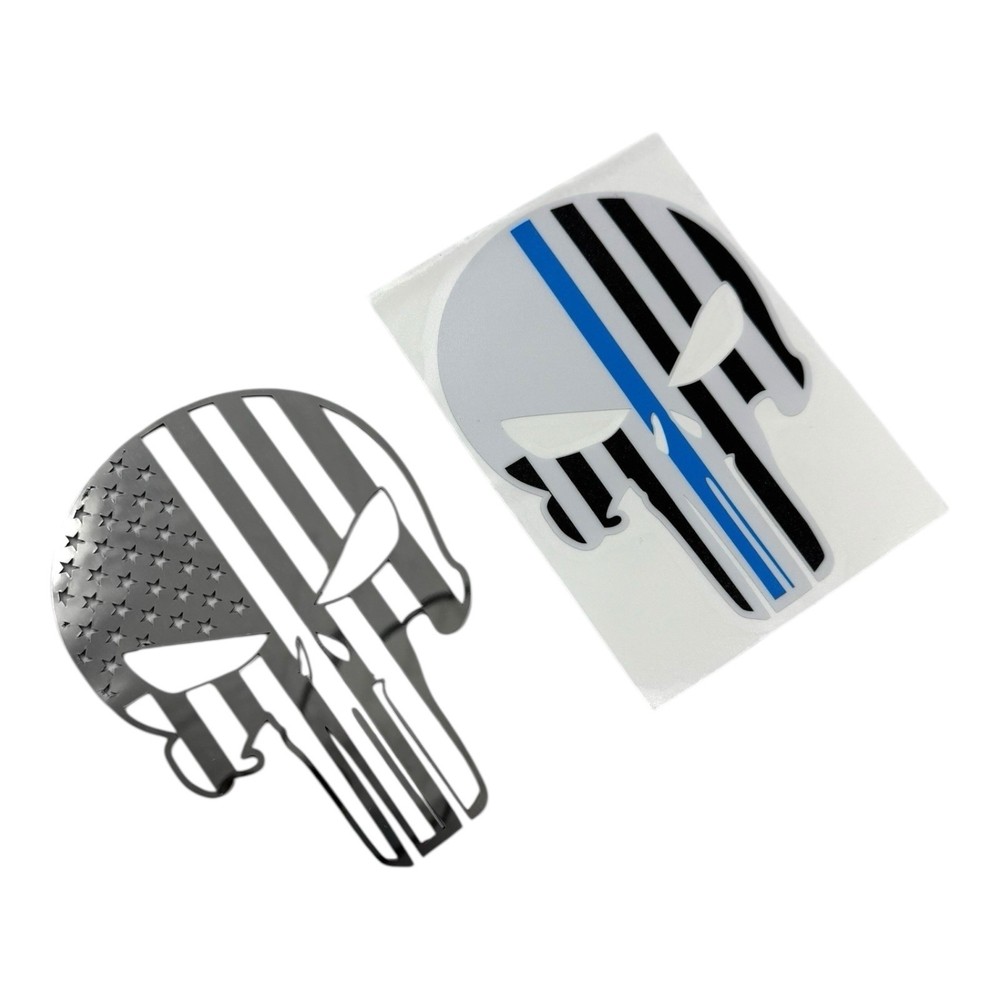 Punisher Skull Thin Blue Line Emblem American Flag (Polished Stainless Steel)