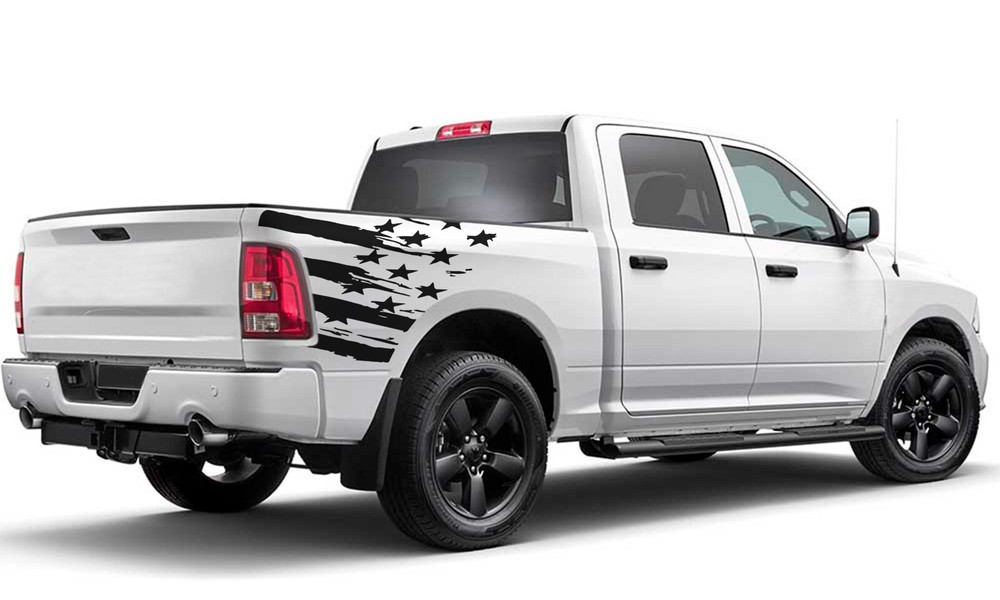 Side bed tattered US flag graphics stickers decals compatible with Dodge Ram