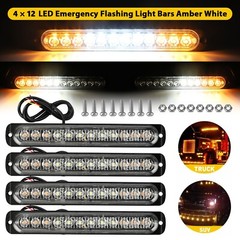 4PCS Amber/White 12 LED Car Truck Strobe Light Bar Flashing Warning Hazard Lamps