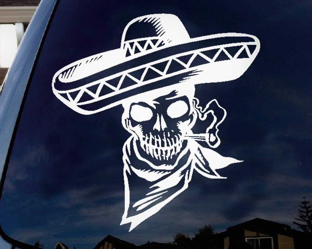 Traditional Mexican Skeleton with Sombrero Vinyl Decal 8″ White