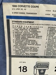 1999 Corvette Manufacturer’s Retail Window Sticker OEM ORIGINAL Chevrolet