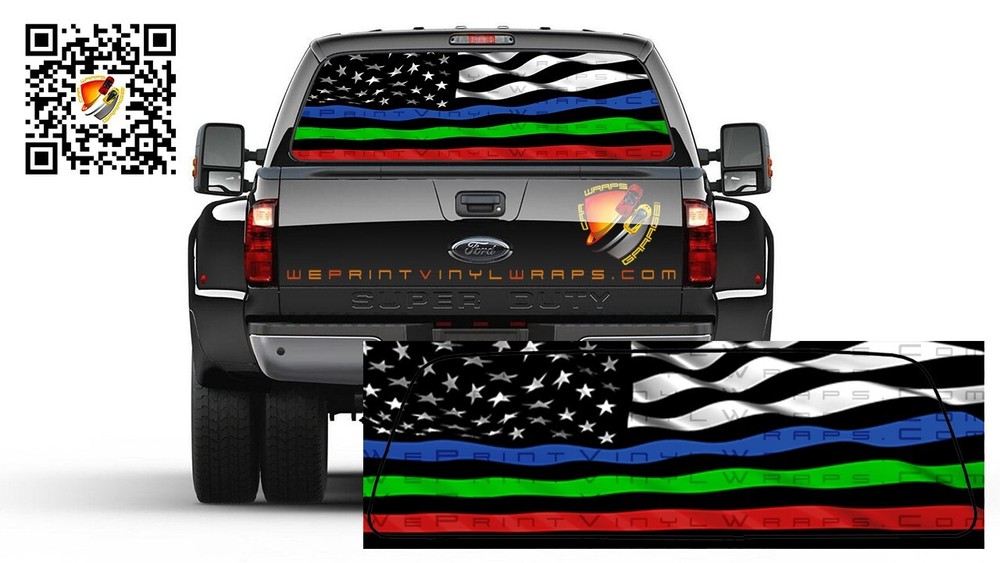 American Flag Black and White Wavy Thin Blue, Green & Red Line Rear Window Perf