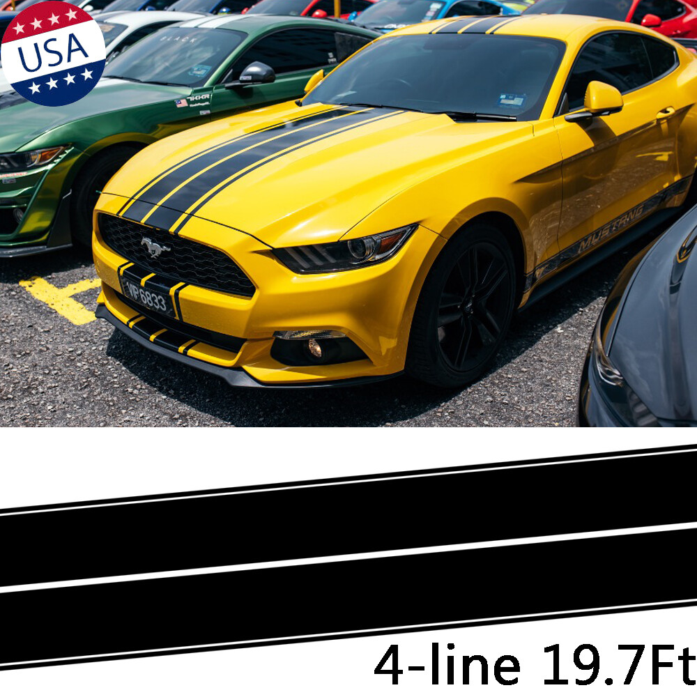 4-Line 19FT Black Racing Stripe Sticker For Ford Mustang Hood Roof Trunk Decal