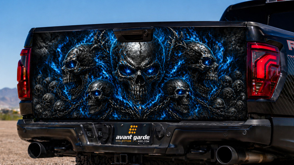 Skulls With Blue Flames And Chains Graphics Tailgate Vinyl Decal Wrap